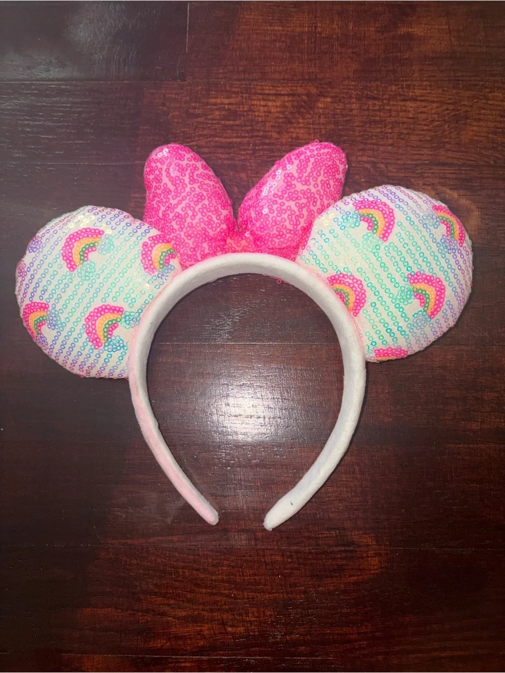 Pink Sequin Bow Rainbow Ear Headband